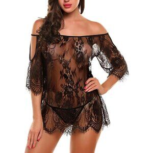 Women Black Chemises Lace Smock Lingerie Mini Babydoll S-4XL